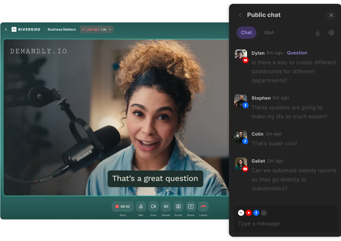 Video call of a woman speaking into a microphone with live chat sidebar.